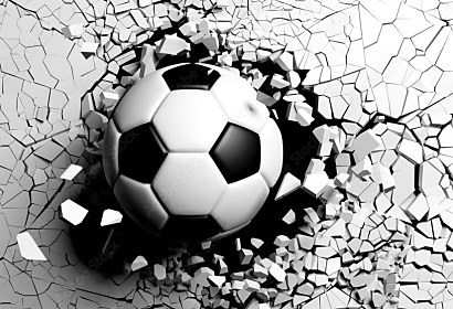 Fototapeta Fotbalový míč proráží přes bílou zeď 212540053
